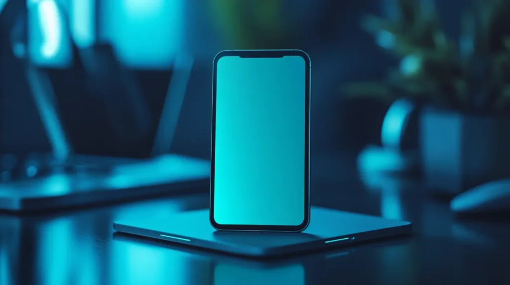 Floating smart phone in office space. This image represents the light-weight design of smart phones thanks to esim adoption, and related further to the ease of connectivity in the broader internet of things landscape.