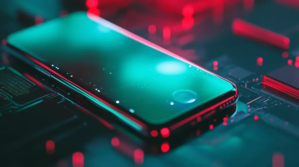 Smart phone on factory belt during production stage. This image shows the innovation in phone design thanks to the eSIM and lack of physical sim slot, which means greater battery life and expanded physical features.