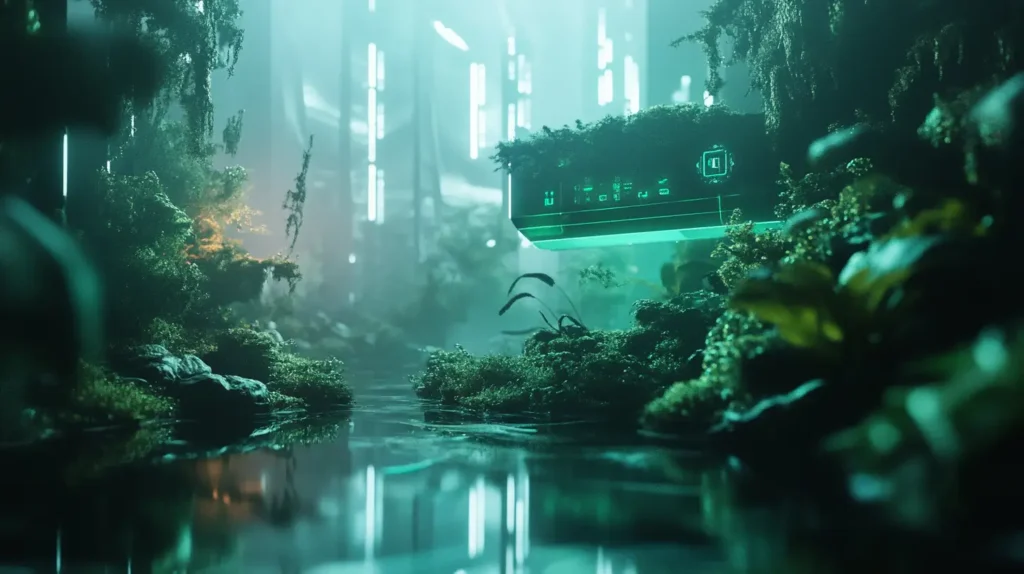 Forest with river and canopy and internet of things technology built into the greenery. This image represents the seamless connectivity between IoT tech and the natural environment.