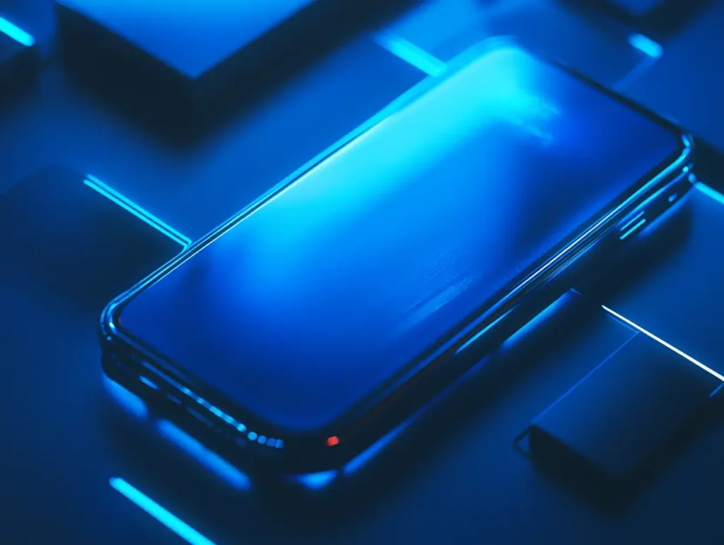 Blue smart phone interface. This image related to esim technology and Internet of Things, which more broadly relates to the GSMA's role in maintaining the global eSIM framework.