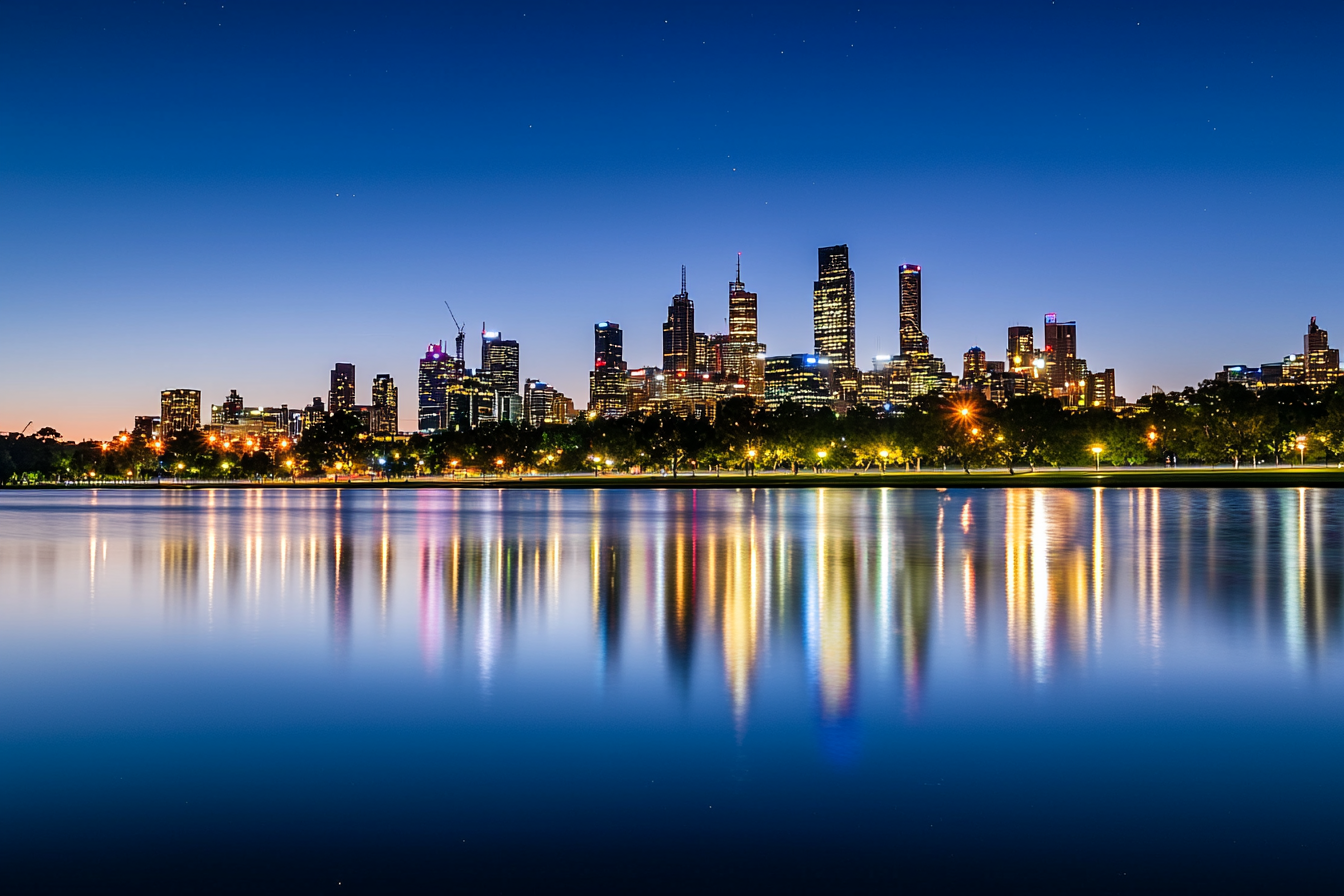 An Australian city, Melbourne, at night time. At night the lights come on, and millions of Internet of Things devices connect with each other. IoT tech is powered by the eSIM, found at eSIM Hub.