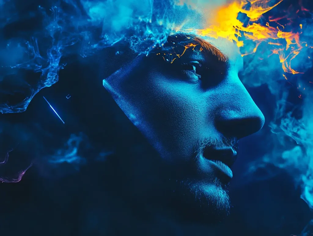Double exposure, blue light, and the fire of flames mixed with a dark, cinematic blue background of a handsome man's face in profile with glowing hair, hyper-realistic. This photo represents the seamless way Internet of Things tech and eSIM connectivity fuses and augments human action.